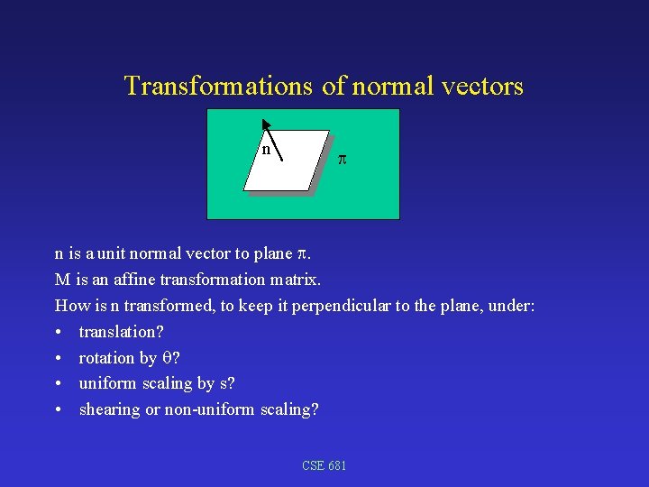 Transformations of normal vectors n n is a unit normal vector to plane .