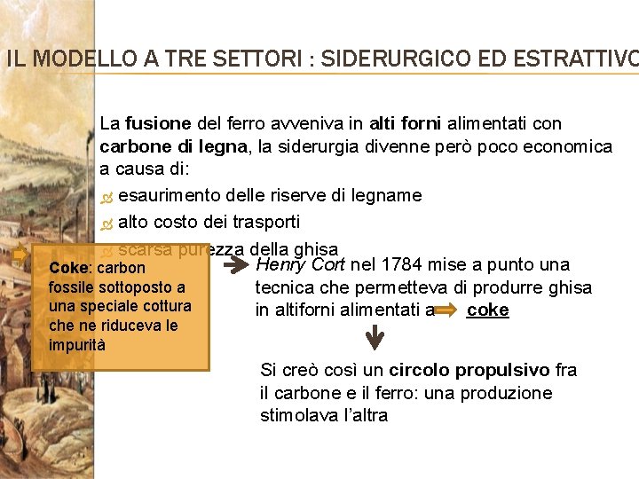 IL MODELLO A TRE SETTORI : SIDERURGICO ED ESTRATTIVO La fusione del ferro avveniva