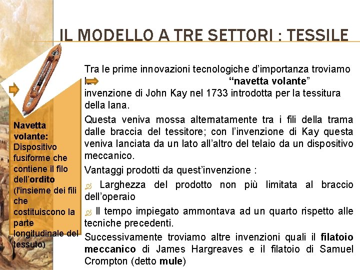 IL MODELLO A TRE SETTORI : TESSILE Tra le prime innovazioni tecnologiche d’importanza troviamo