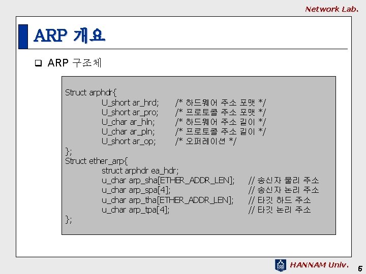 Network Lab. ARP 개요 q ARP 구조체 Struct arphdr{ U_short ar_hrd; /* 하드웨어 주소