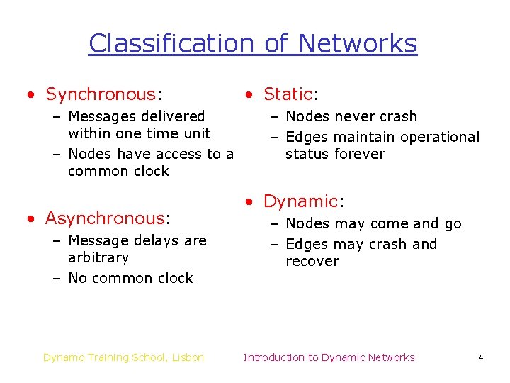 Classification of Networks • Synchronous: – Messages delivered within one time unit – Nodes Classification of Networks • Synchronous: – Messages delivered within one time unit – Nodes