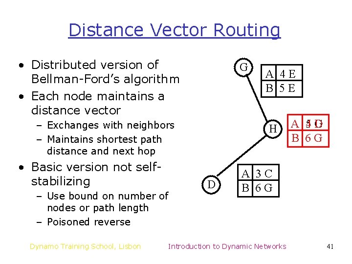 Distance Vector Routing • Distributed version of Bellman-Ford’s algorithm • Each node maintains a Distance Vector Routing • Distributed version of Bellman-Ford’s algorithm • Each node maintains a
