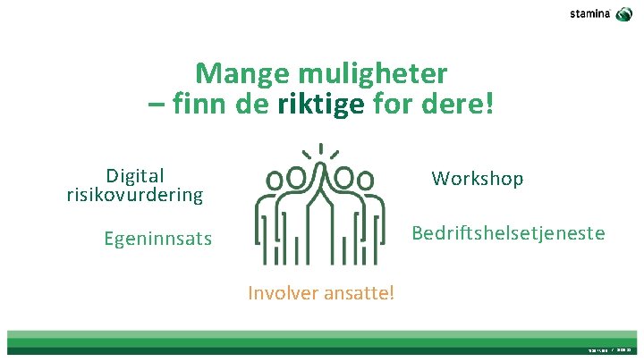 Mange muligheter – finn de riktige for dere! Digital risikovurdering Workshop Bedriftshelsetjeneste Egeninnsats Involver