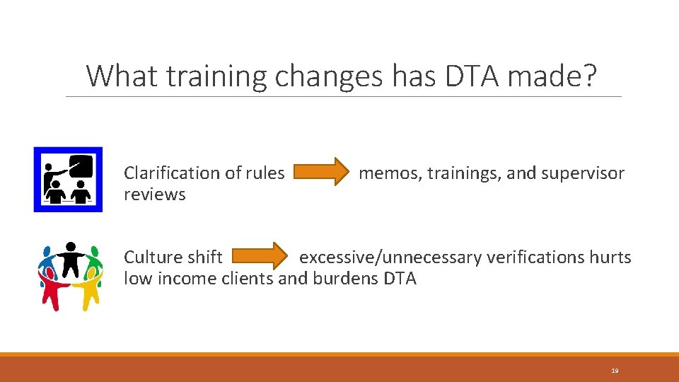 What training changes has DTA made? Clarification of rules reviews memos, trainings, and supervisor What training changes has DTA made? Clarification of rules reviews memos, trainings, and supervisor