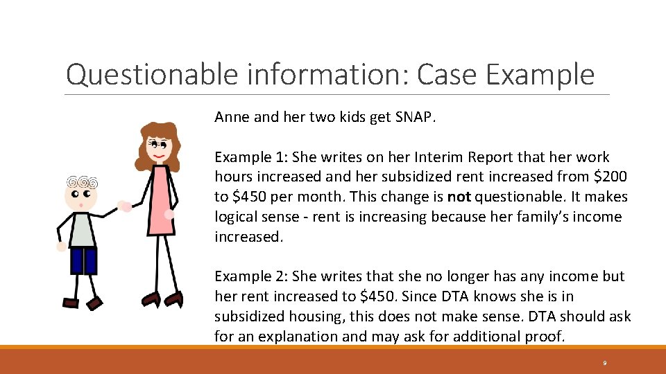 Questionable information: Case Example Anne and her two kids get SNAP. Example 1: She Questionable information: Case Example Anne and her two kids get SNAP. Example 1: She