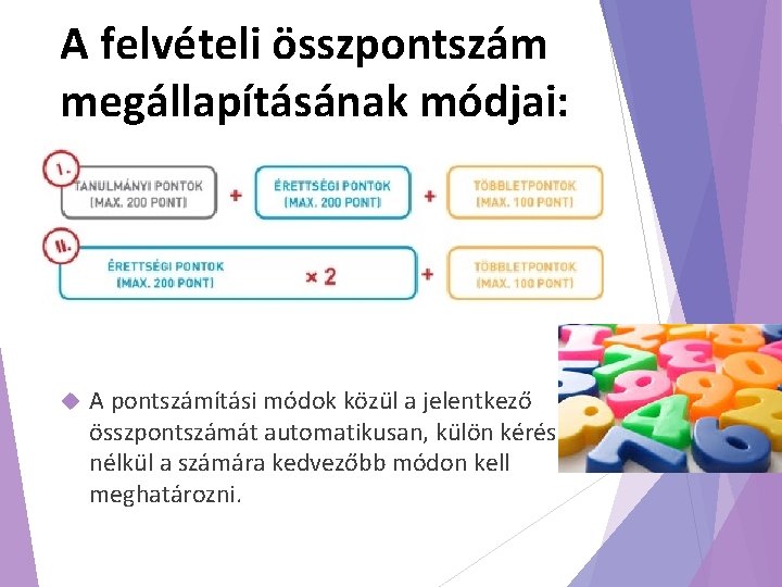 A felvételi összpontszám megállapításának módjai: A pontszámítási módok közül a jelentkező összpontszámát automatikusan, külön