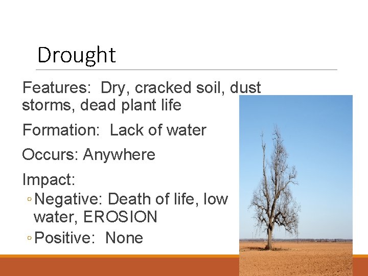 Drought Features: Dry, cracked soil, dust storms, dead plant life Formation: Lack of water