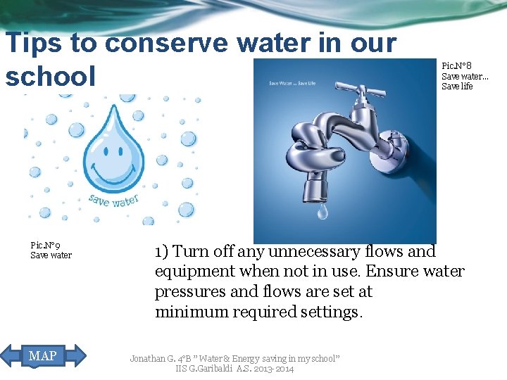 Tips to conserve water in our school Pic. N° 9 Save water MAP Pic.