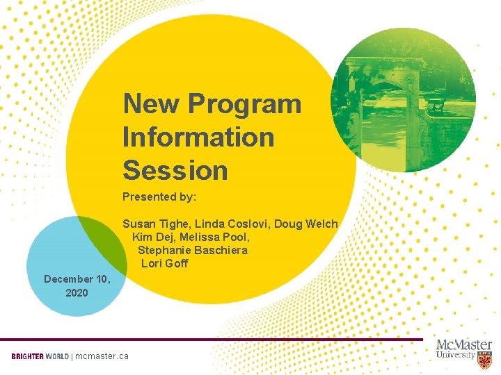 New Program Information Session Presented by: Susan Tighe, Linda Coslovi, Doug Welch Kim Dej,