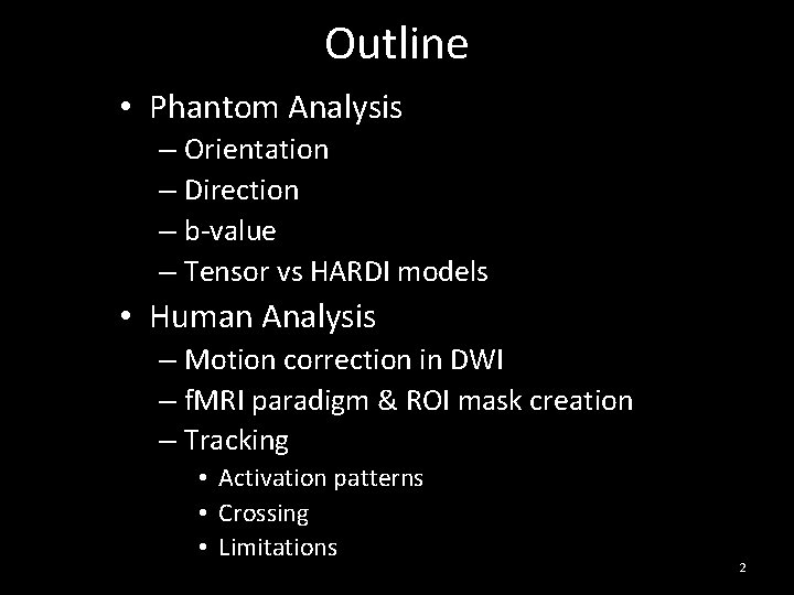 Outline • Phantom Analysis – Orientation – Direction – b-value – Tensor vs HARDI Outline • Phantom Analysis – Orientation – Direction – b-value – Tensor vs HARDI