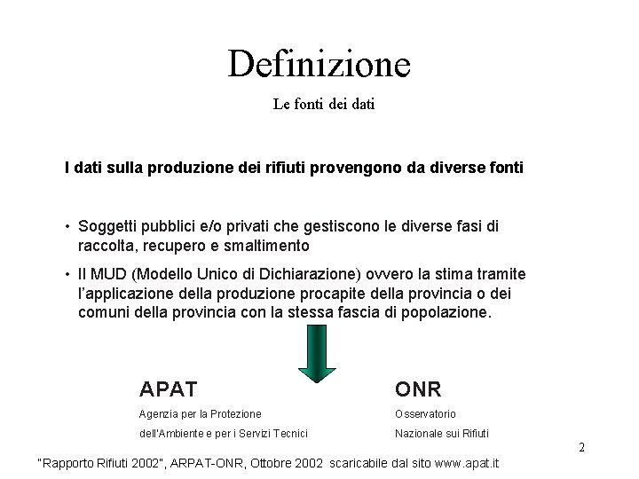 Definizione Le fonti dei dati I dati sulla produzione dei rifiuti provengono da diverse Definizione Le fonti dei dati I dati sulla produzione dei rifiuti provengono da diverse