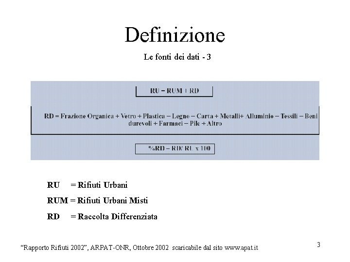 Definizione Le fonti dei dati - 3 RU = Rifiuti Urbani RUM = Rifiuti Definizione Le fonti dei dati - 3 RU = Rifiuti Urbani RUM = Rifiuti