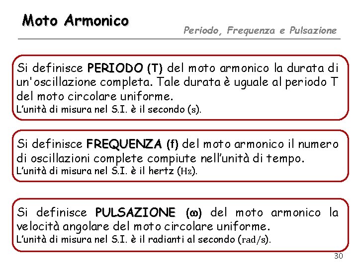 Moto Armonico Periodo, Frequenza e Pulsazione Si definisce PERIODO (T) del moto armonico la