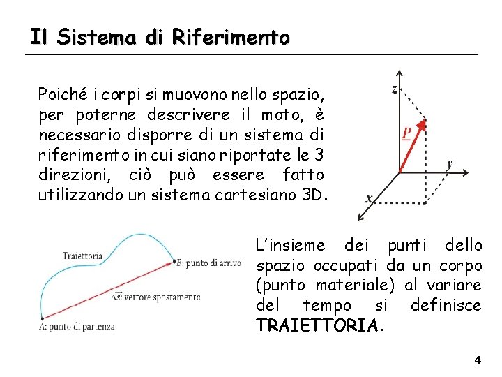 Il Sistema di Riferimento Poiché i corpi si muovono nello spazio, per poterne descrivere