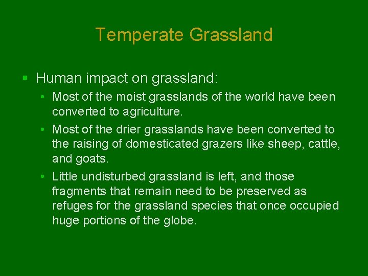 Temperate Grassland § Human impact on grassland: • Most of the moist grasslands of