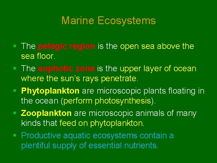 Marine Ecosystems § The pelagic region is the open sea above the sea floor.