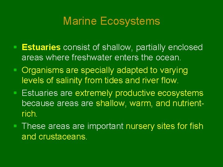 Marine Ecosystems § Estuaries consist of shallow, partially enclosed areas where freshwater enters the