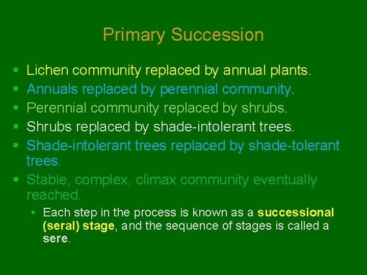 Primary Succession § § § Lichen community replaced by annual plants. Annuals replaced by