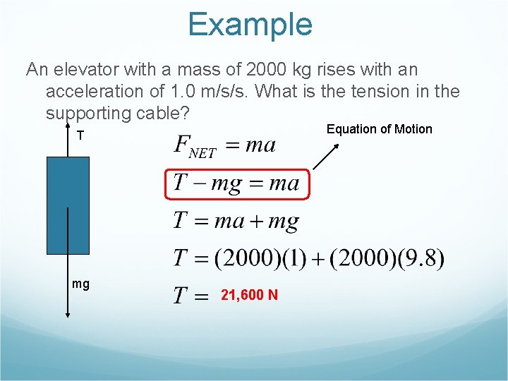 Example An elevator with a mass of 2000 kg rises with an acceleration of