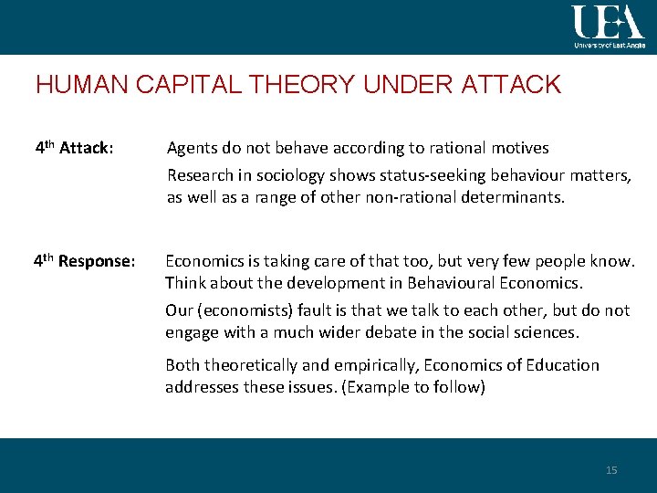 HUMAN CAPITAL THEORY UNDER ATTACK 4 th Attack: Agents do not behave according to