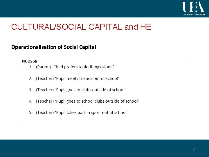 CULTURAL/SOCIAL CAPITAL and HE Operationalisation of Social Capital 24 