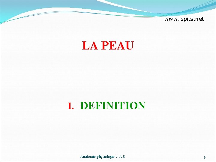 www. ispits. net LA PEAU I. DEFINITION Anatomie physiologie / A. S 3 