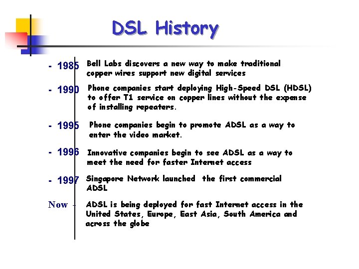 DSL History - 1985 Bell Labs discovers a new way to make traditional copper DSL History - 1985 Bell Labs discovers a new way to make traditional copper