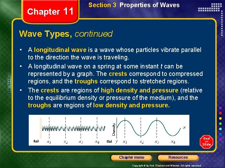 Chapter 11 Section 3 Properties of Waves Wave Types, continued • A longitudinal wave