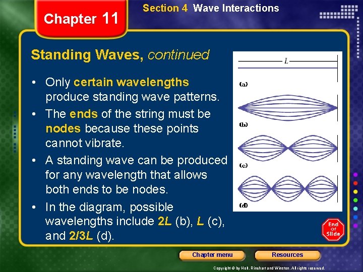 Chapter 11 Section 4 Wave Interactions Standing Waves, continued • Only certain wavelengths produce