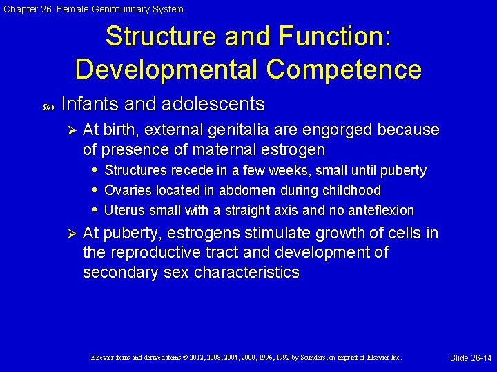 Chapter 26: Female Genitourinary System Structure and Function: Developmental Competence Infants and adolescents At