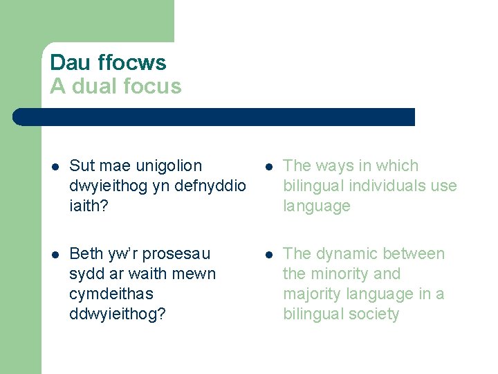 Dau ffocws A dual focus l Sut mae unigolion dwyieithog yn defnyddio iaith? l