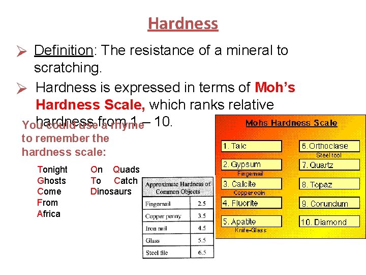 Hardness Ø Definition: The resistance of a mineral to scratching. Ø Hardness is expressed