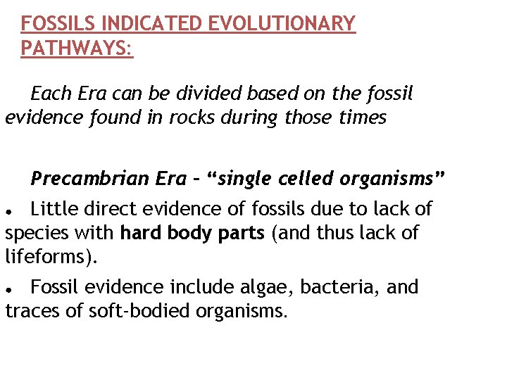 FOSSILS INDICATED EVOLUTIONARY PATHWAYS: Each Era can be divided based on the fossil evidence