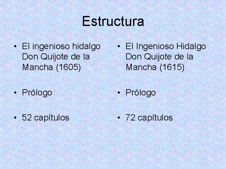 Estructura • El ingenioso hidalgo Don Quijote de la Mancha (1605) • El Ingenioso