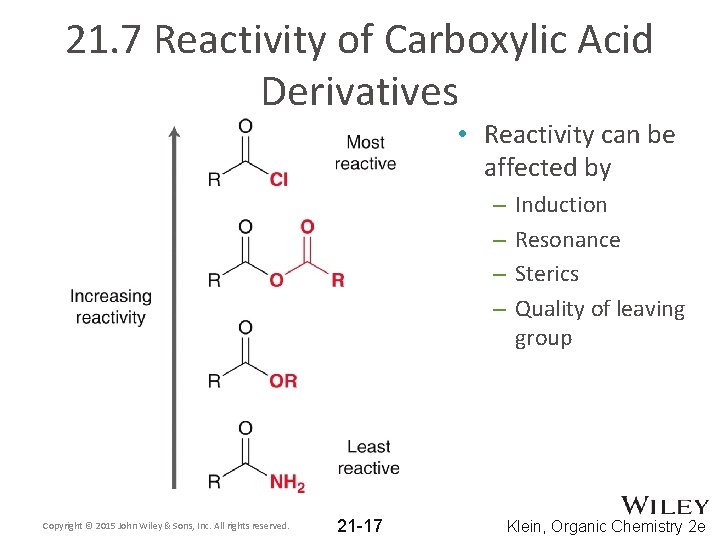 21. 7 Reactivity of Carboxylic Acid Derivatives • Reactivity can be affected by –
