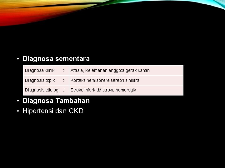  • Diagnosa sementara Diagnosa klinik : Afasia, Kelemahan anggota gerak kanan Diagnosis topik