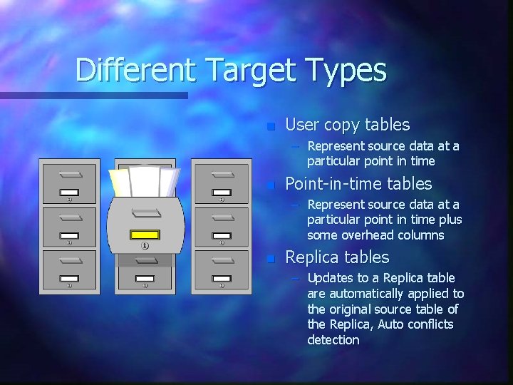 Different Target Types n User copy tables – Represent source data at a particular