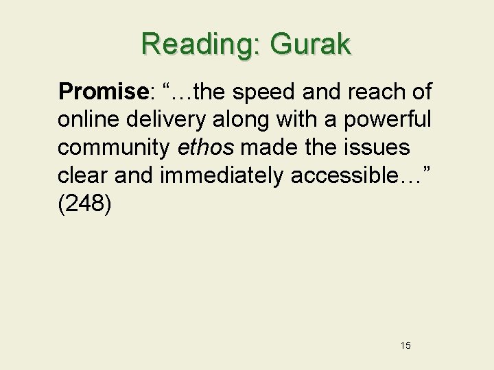 Reading: Gurak Promise: “…the speed and reach of online delivery along with a powerful