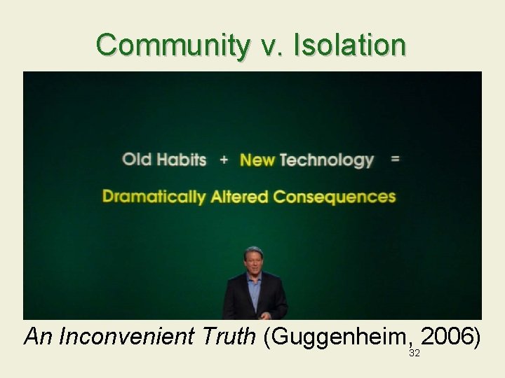 Community v. Isolation An Inconvenient Truth (Guggenheim, 2006) 32 