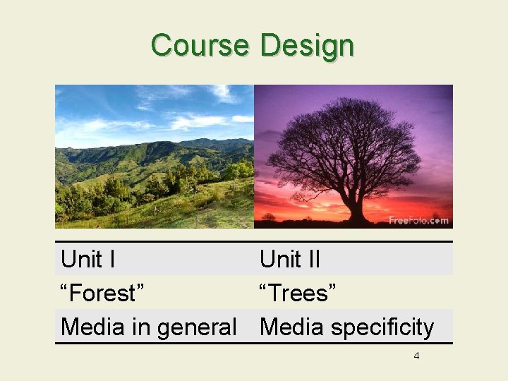 Course Design Unit II “Forest” “Trees” Media in general Media specificity 4 