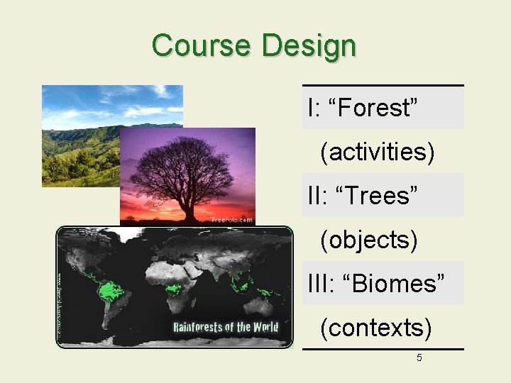 Course Design I: “Forest” (activities) II: “Trees” (objects) III: “Biomes” (contexts) 5 