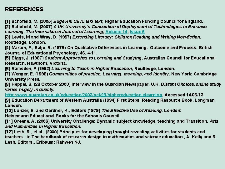 REFERENCES [1] Schofield, M. (2005) Edge Hill CETL Bid text, Higher Education Funding Council