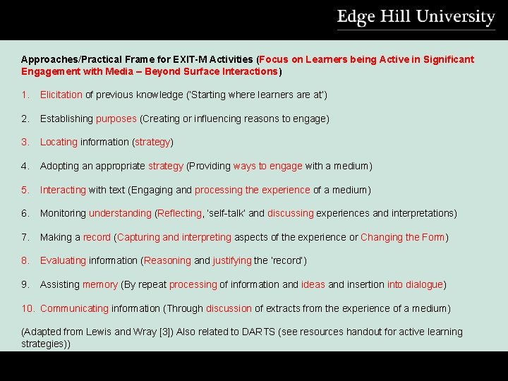 Approaches/Practical Frame for EXIT-M Activities (Focus on Learners being Active in Significant Engagement with