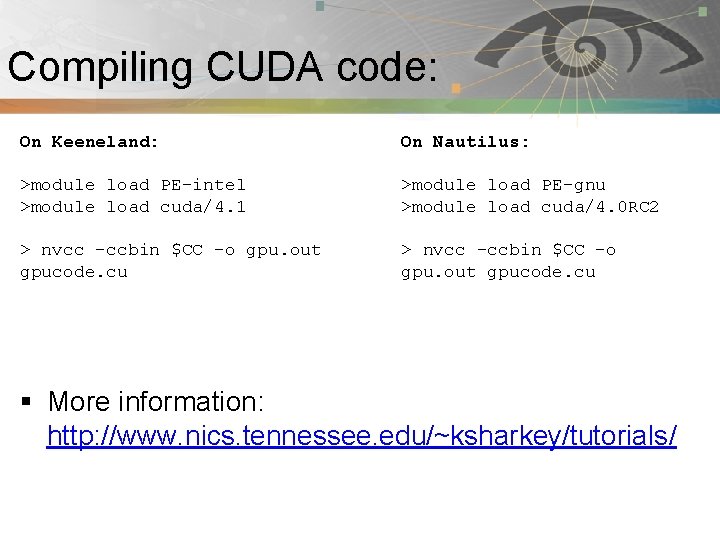 Compiling CUDA code: Pnmath On Keeneland: On Nautilus: >module load PE-intel >module load cuda/4.
