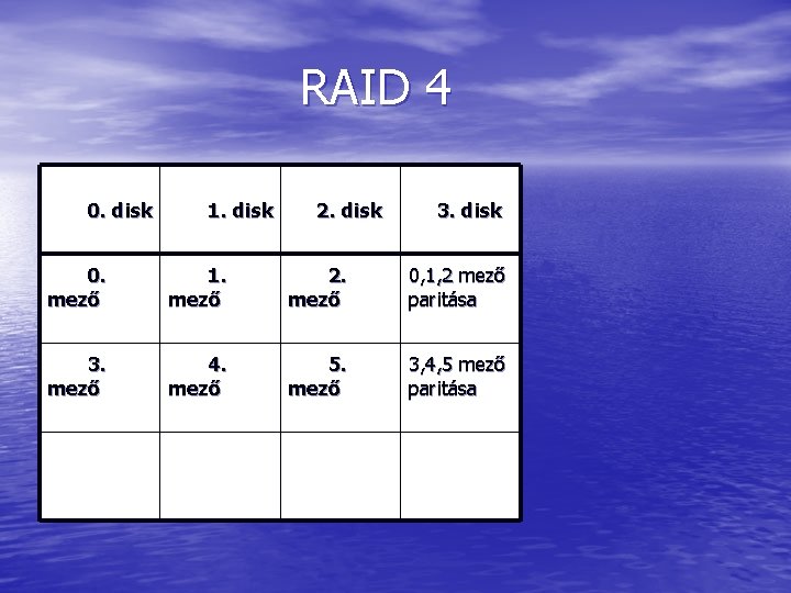 RAID 4 0. disk 1. disk 2. disk 3. disk 0. mező 1. mező