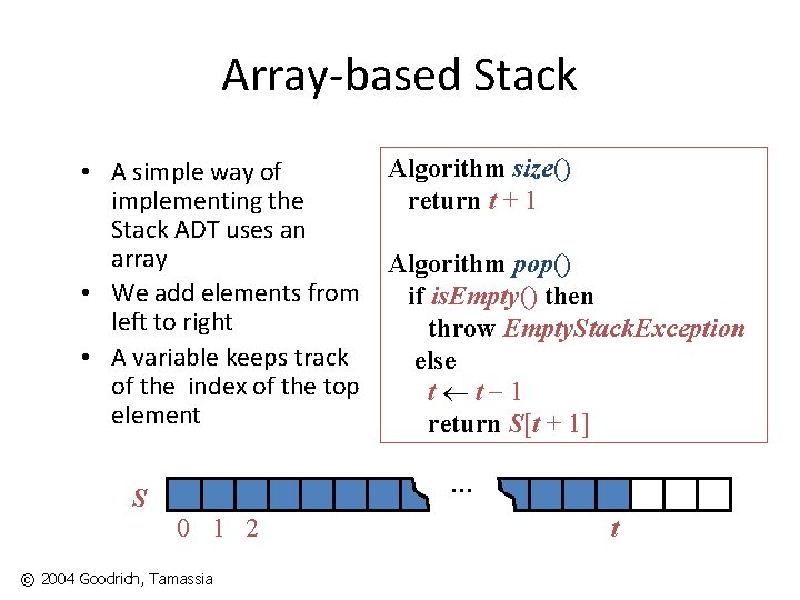 Array-based Stack • A simple way of implementing the Stack ADT uses an array