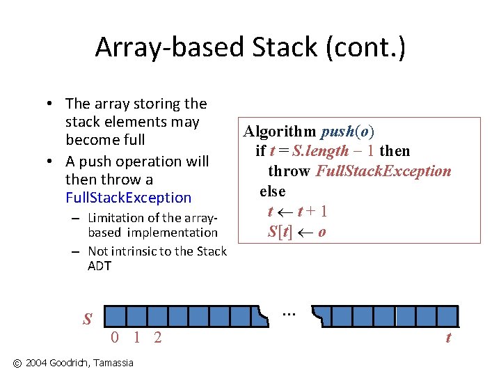 Array-based Stack (cont. ) • The array storing the stack elements may become full