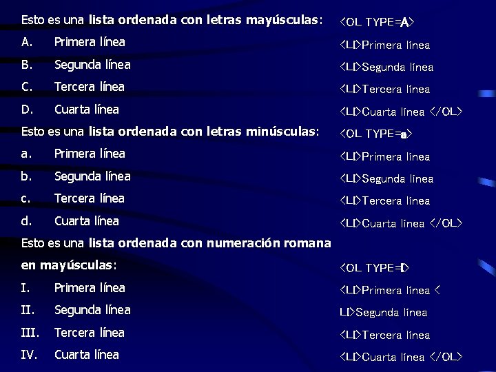 Esto es una lista ordenada con letras mayúsculas: <OL TYPE=A> A. Primera línea <LI>Primera