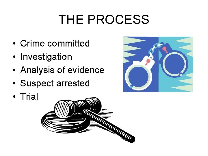 THE PROCESS • • • Crime committed Investigation Analysis of evidence Suspect arrested Trial THE PROCESS • • • Crime committed Investigation Analysis of evidence Suspect arrested Trial