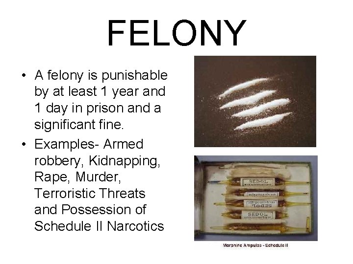 FELONY • A felony is punishable by at least 1 year and 1 day FELONY • A felony is punishable by at least 1 year and 1 day
